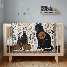 Cobertor Místico Crescente Lua Gato Preto Monograma Botânic