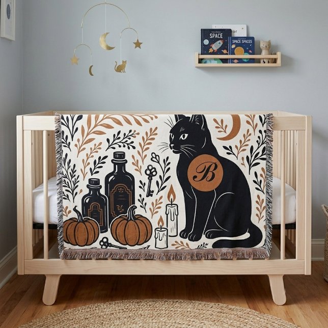 Cobertor Místico Crescente Lua Gato Preto Monograma Botânic (Mystic Black Cat Crescent Moon Botanical Monogram Throw Blanket)