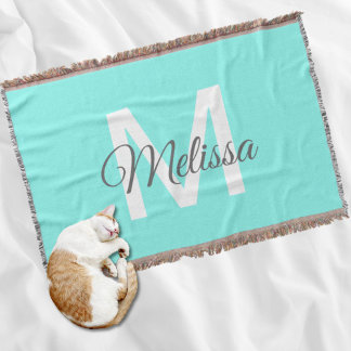 Cobertor moder chic minimalista monograma turquesa aqua azu
