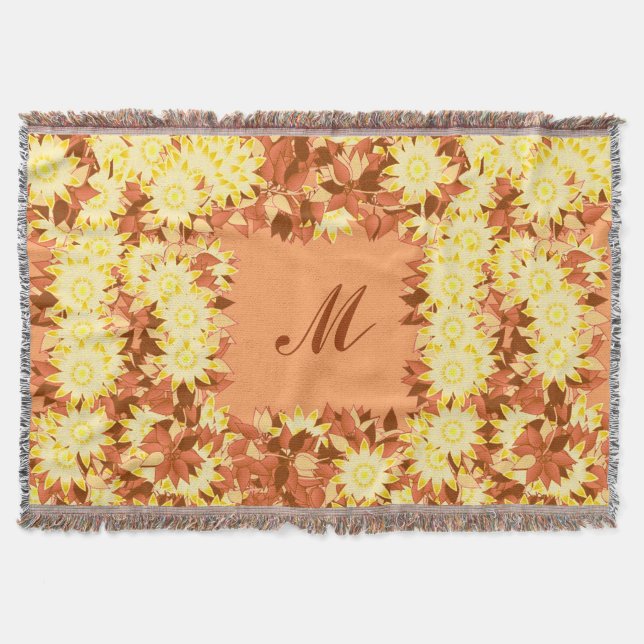 Cobertor Monograma com flores - cacau e amarelo (Frente)
