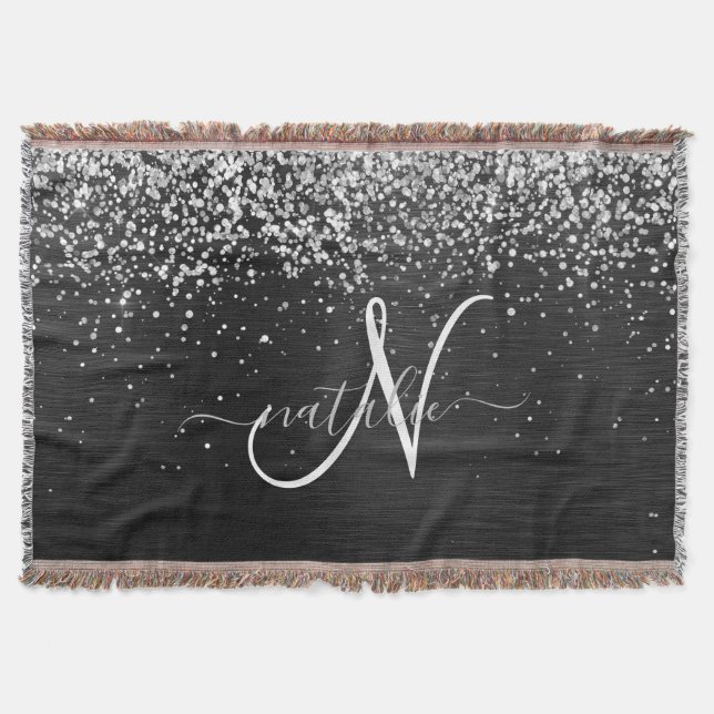 Cobertor Monograma do Sparkle Preto com Glitter de Prata Pe (Frente)