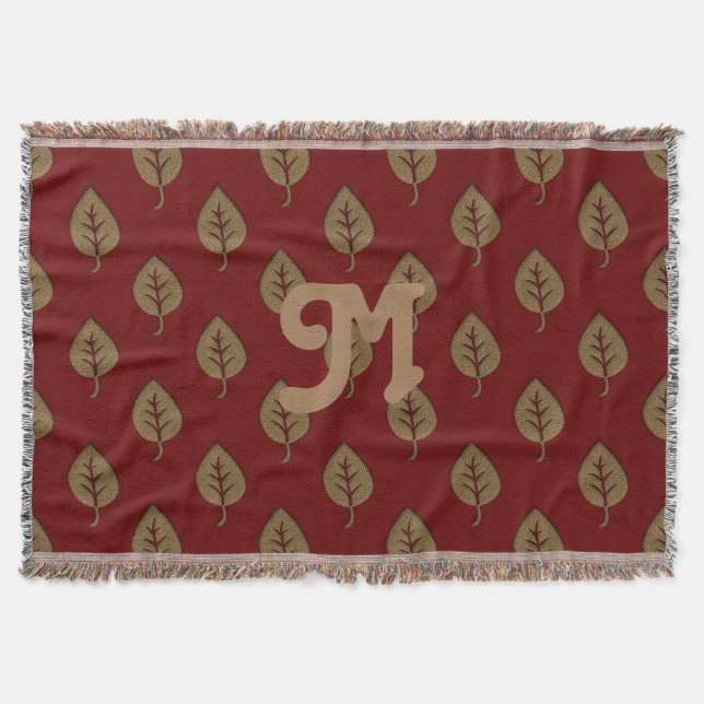 Cobertor Monograma Personalizado Burgundy Red Leaf Dourado (Frente)