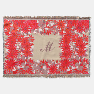 Cobertor Monograma quadro com flores - vermelho e taupe