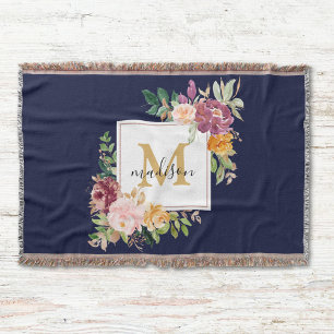 Cobertor Monograma Rosa Floral Botânica Elegante Aquarela