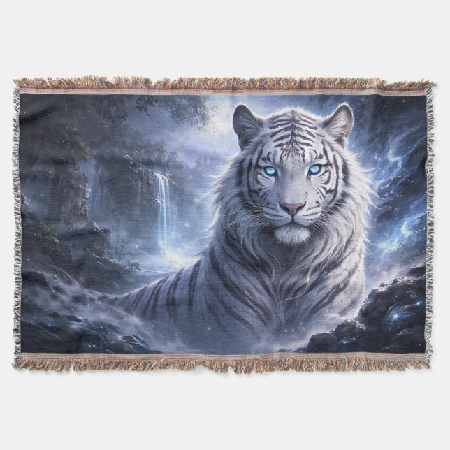 Cobertor Moonlit White Tiger Guardian – Blue Fantasy Spirit (Frente)