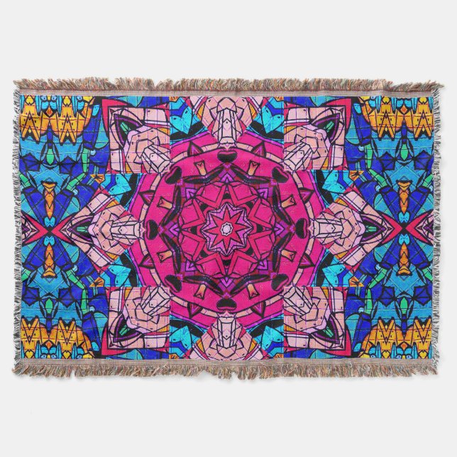 Cobertor Mosaico Rosa Mandala Floral Psicélico Retro (Frente)