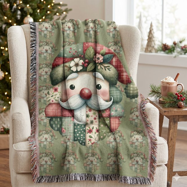 Cobertor Natal Folclórico Caprichoso em Patchwork (Whimsical Patchwork Santa Folk Christmas Throw Blanket)
