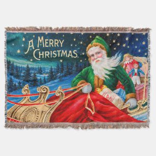 Cobertor Natal Vintage Verde Trenó do Papai Noel Estrela No