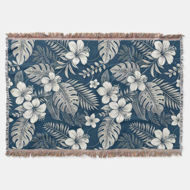 Cobertor Navy Blue Hibiscus Monstera Tropical Botanical (Frente)