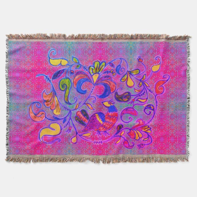 Cobertor Neon Folk Art Rosemaling Bird & Leaves (Frente)