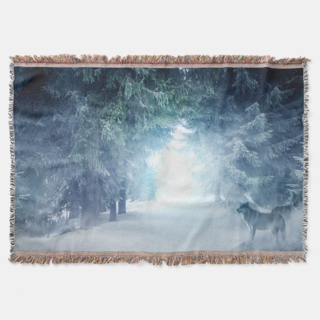 Cobertor Neve de inverno com lobos na Floresta Verde (Frente)