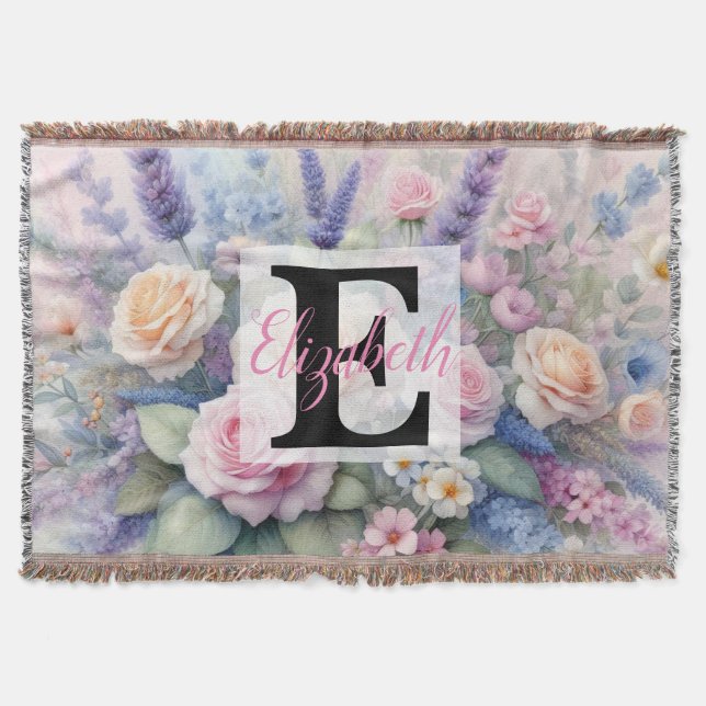 Cobertor Nome monograma em aquarela Flores em pastos (Frente)