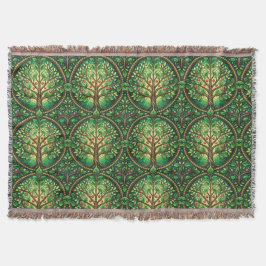 Cobertor Ornate tree pattern in green and brown on a woven 