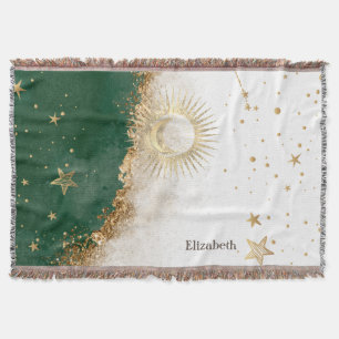 Cobertor Ouro Celestial Sol e Lua Estrelas Verde
