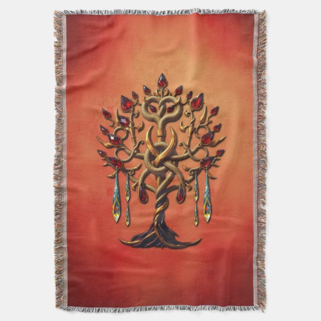 Cobertor Ouro da árvore da vida com pedras vermelhas (Frente Vertical)
