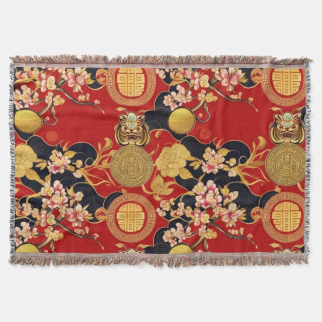 Cobertor Padrão asiático moderno de Ano Novo chinês feliz (Frente)