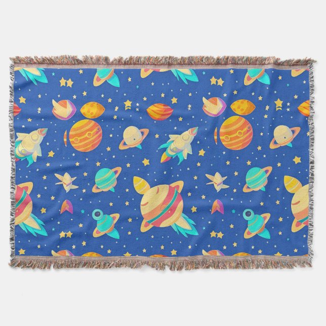 Cobertor Padrão Colorido com Tema Espacial com Planetas (Frente)