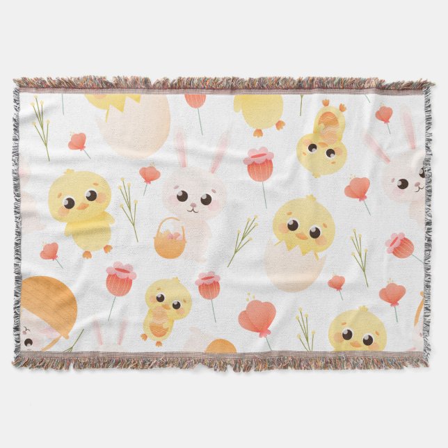 Cobertor Padrão contínuo de adoráveis coelhinhos e pintinho (Frente)