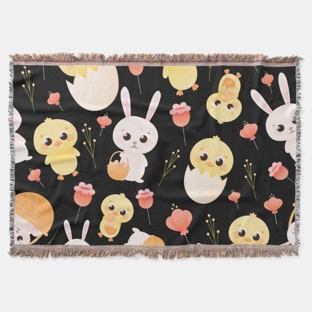 Cobertor Padrão contínuo de adoráveis coelhinhos e pintinho (Frente)