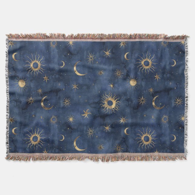 Cobertor Padrão de Aquarela Sol Lua e Estrelas Celestiais (Frente)