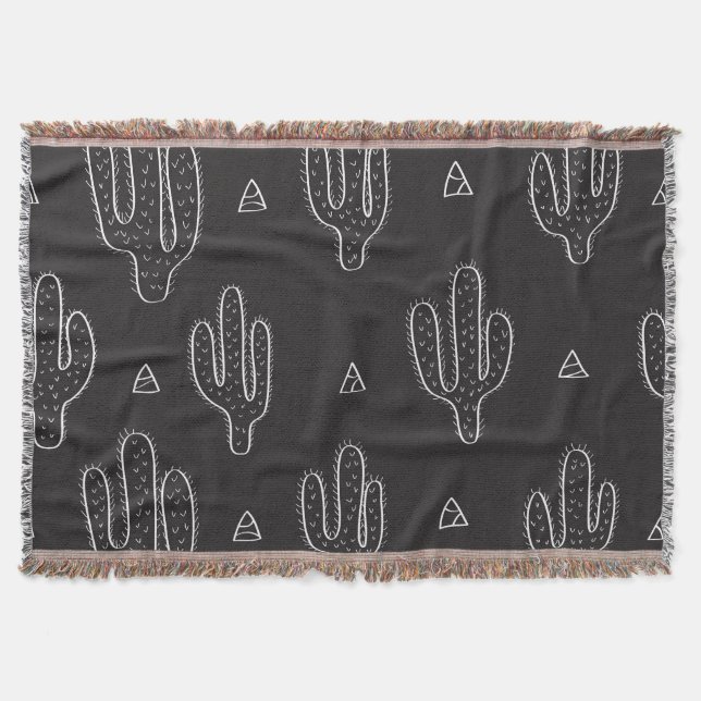 Cobertor Padrão de Cactus Preto Desenhado à Mão (Frente)