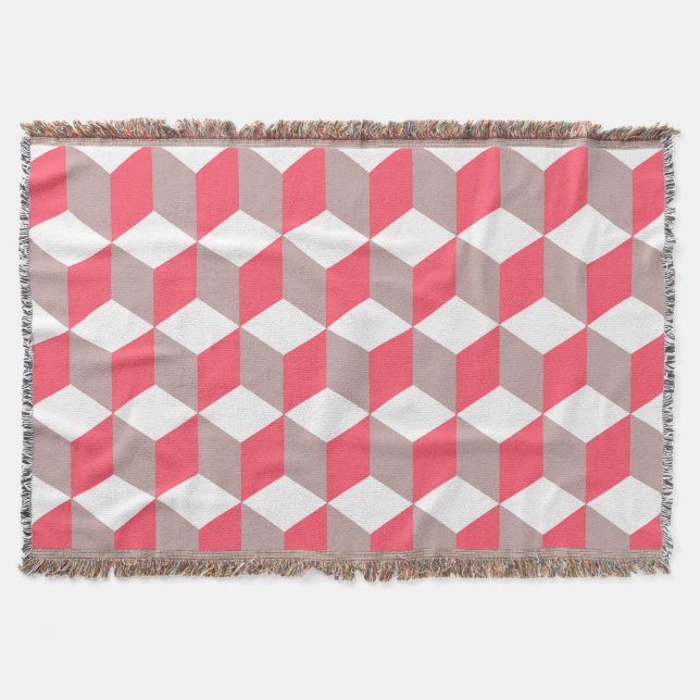 Cobertor Padrão de Cubo Isométrico Poppy e Cinza Suave (Frente)