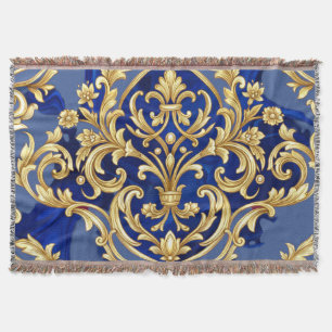 Cobertor Padrão de Damasco Barroco Azul Real e Dourado