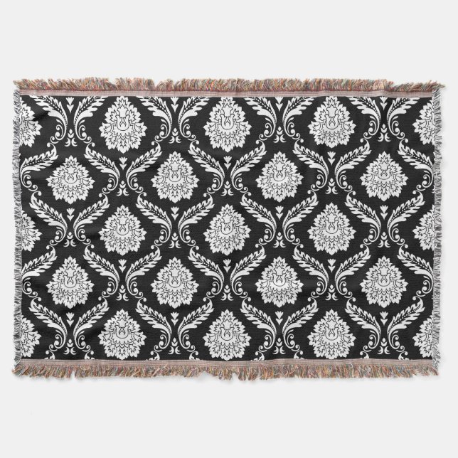 Cobertor Padrão de Damasco Rococó Branco no Preto (Frente)