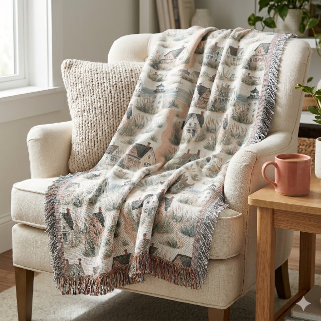 Cobertor Padrão de Farol de Casa de Praia (Coastal Cottage Lighthouse Pattern Throw Blanket)