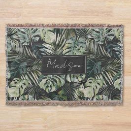 Cobertor Padrão de Folhas Tropicais Verde de Aquarela