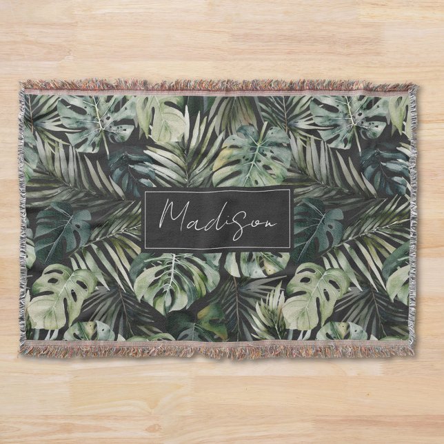 Cobertor Padrão de Folhas Tropicais Verde de Aquarela (In situ)