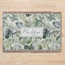 Cobertor Padrão de Folhas Tropicais Verde de Aquarela