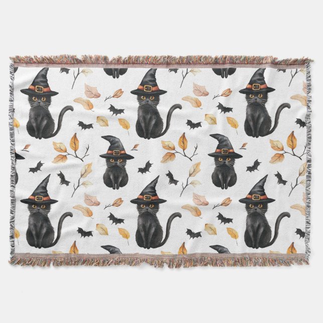 Cobertor Padrão de Gato Preto do Halloween - Gato Bruxo (Frente)