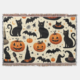 Cobertor Padrão de Gato Preto e Abóbora Temático de Hallowe