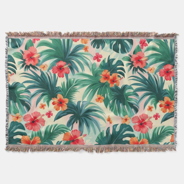 Cobertor Padrão de Hibisco Tropical e Folhas de Palma (Frente)