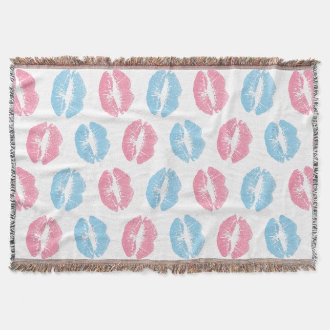 Cobertor Padrão de Lábios Azul e Rosa, Batom, Beijo (Frente)