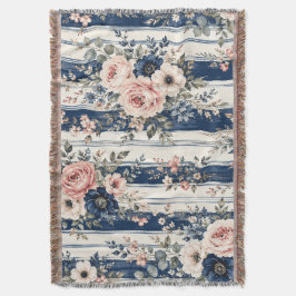 Cobertor Padrão de Listra Floral Azul Marinho em Aquarela D