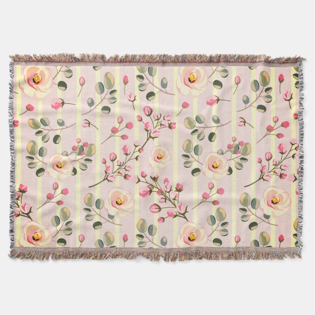 Cobertor Padrão de Listra Floral Rosa Suave (Frente)