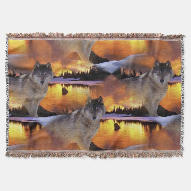 Cobertor Padrão de Lobo ao Pôr do Sol (Frente)