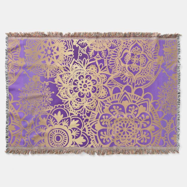Cobertor Padrão de Mandala Dourado Roxo Elegante (Frente)