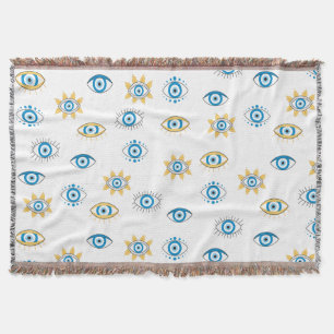 Cobertor Padrão de Mati do Olho Grego Azul, Dourado e Branc