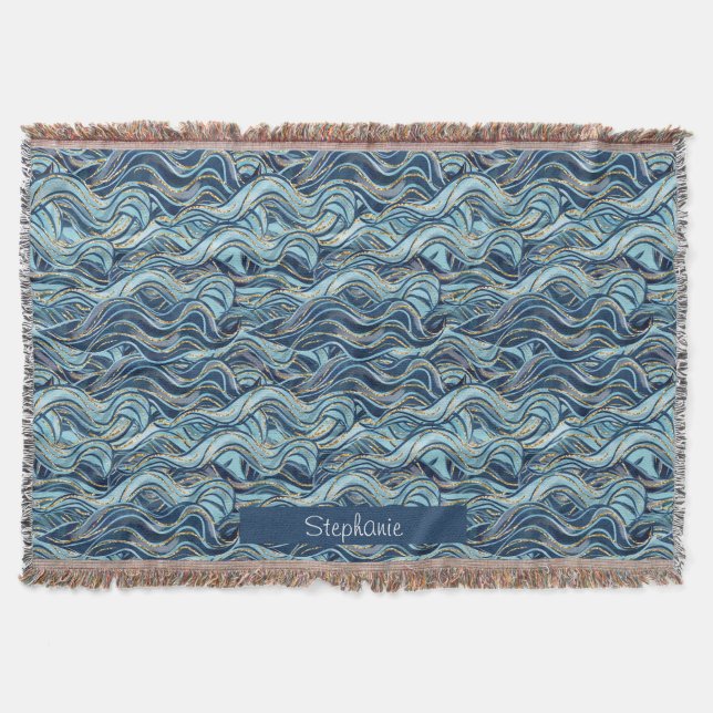 Cobertor Padrão de Onda Azul Elegante com Destaques Dourado (Frente)