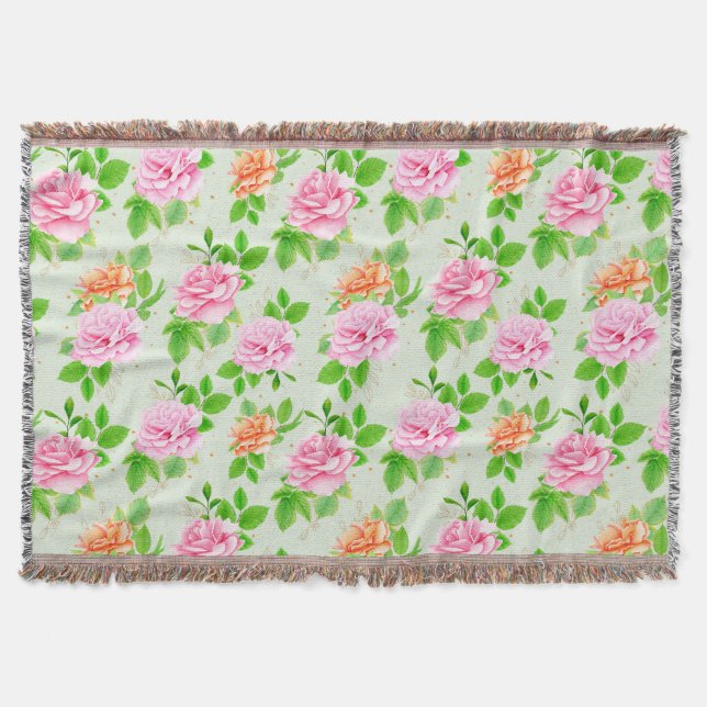 Cobertor Padrão de Rosas Florais Elegantes com Folhas-23670 (Frente)