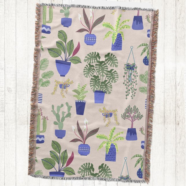Cobertor Padrão de Suculência do Cactus (Cactus houseplant succulent blush pink green cobalt blue throw blanket)