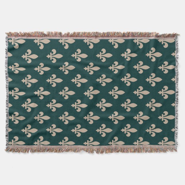 Cobertor Padrão Flor de Lis, Creme Real Francês sobre Verde (Frente)
