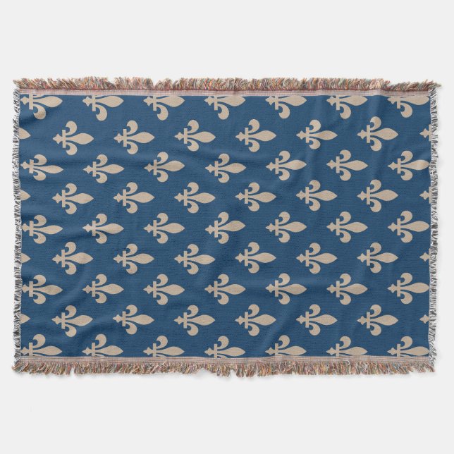 Cobertor Padrão Flor de Lis, Real Francês, Creme sobre Azul (Frente)