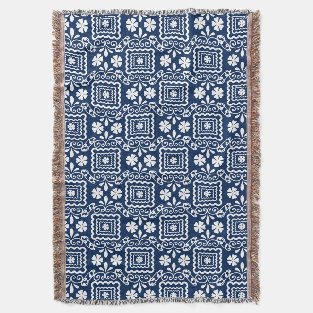 Cobertor padrão floral azul branco, retrógrado, 60 (Frente Vertical)