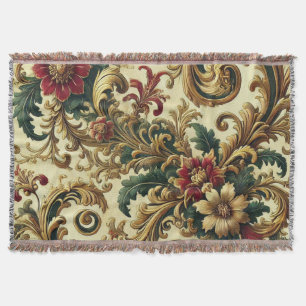 Cobertor Padrão Floral Barroco com Dourado, Vermelho, Verde