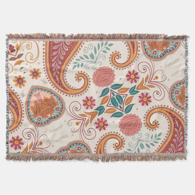 Cobertor Padrão Floral branco Paisley Boho Vibrante  (Frente)