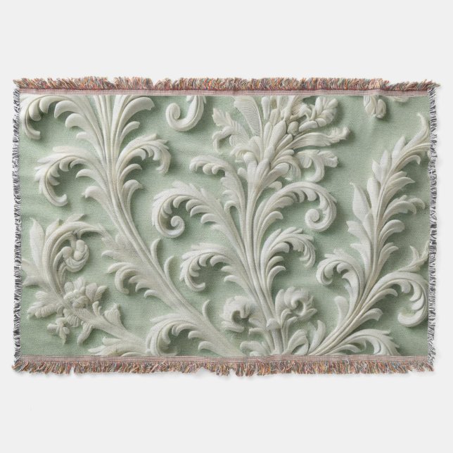 Cobertor Padrão Floral de Damasco Branco Padrão Verde Suave (Frente)